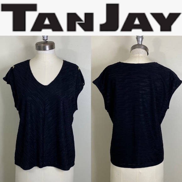 TANJAY PETITE MEDIUM CHIC VNECK TOP WITH GOLD SHOULDER GROMMETS LOOP DESIGN - Picture 1 of 14